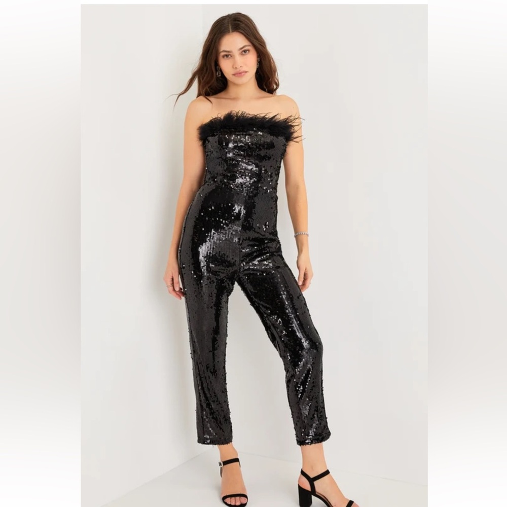 Lulus Dazzling Glam Black Sequin Feather Strapless Cropped Jumpsuit - Size XL
